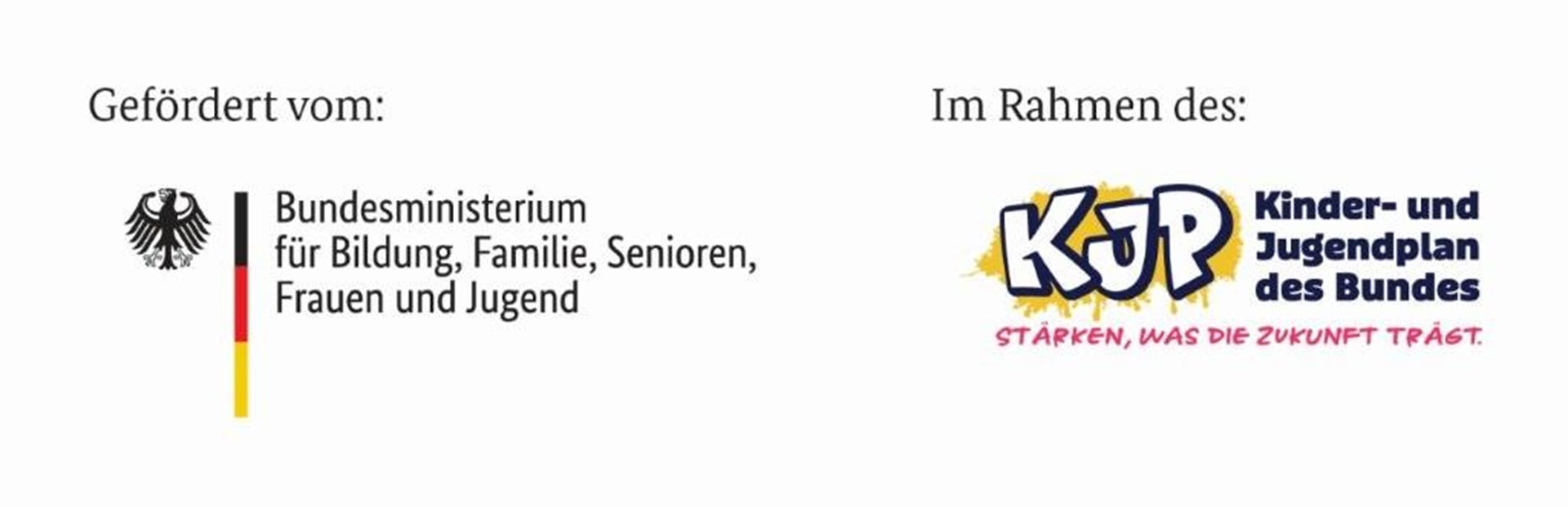 Förderlogo des Bundesministeriums für Familie, Senioren, Frauen und Jugend im Rahmen des Kinder- und Jugendplans (KJP) mit dem Slogan: ‚Stärken, was die Zukunft trägt.